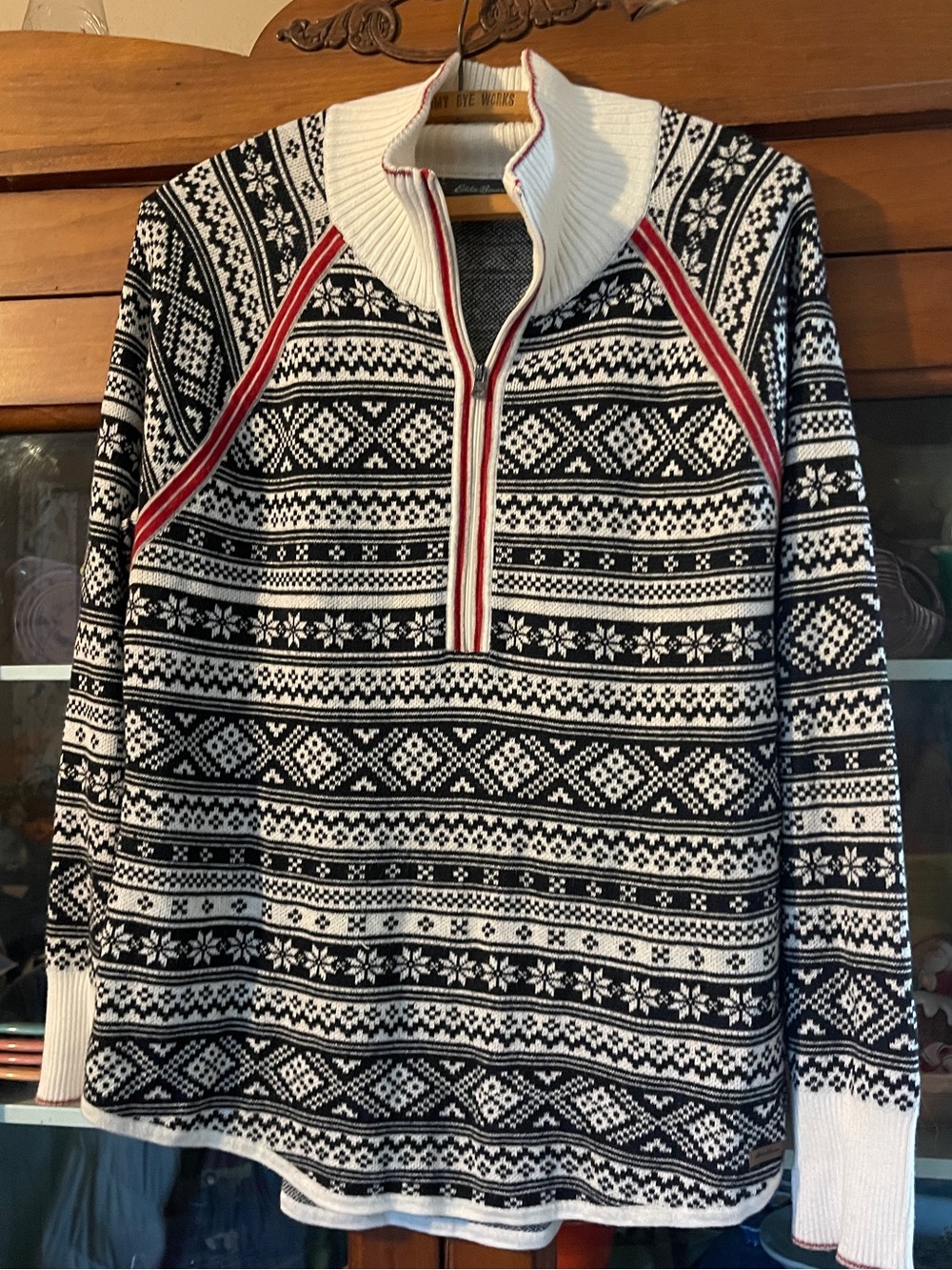 Eddie Bauer Women’s Black & White Fair Isle Half-Zip Sweater with Red Trim
